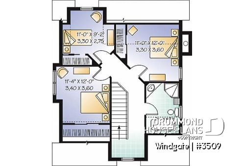 2nd level - Affordable country house plan, 3 bedrooms, open space, fireplace, panoramic view - Windgate