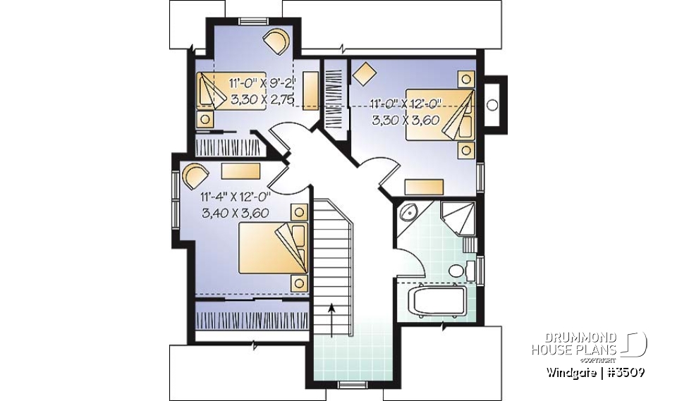 2nd level - Affordable country house plan, 3 bedrooms, open space, fireplace, panoramic view - Windgate