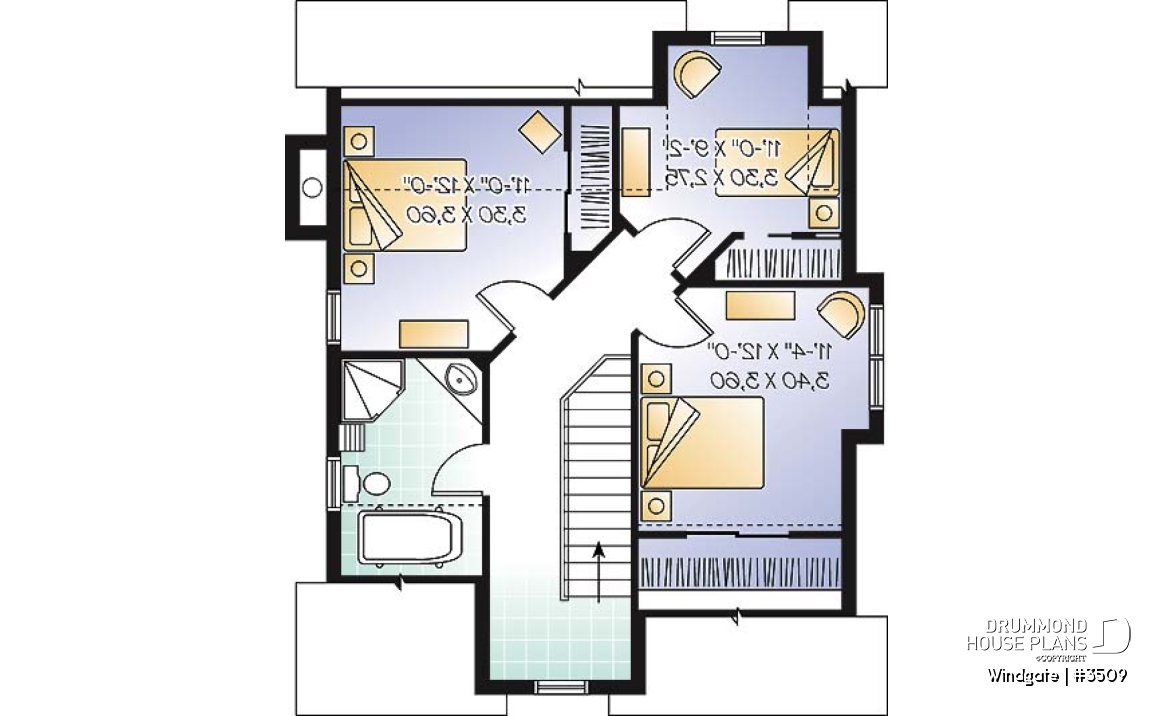 2nd level - Affordable country house plan, 3 bedrooms, open space, fireplace, panoramic view - Windgate