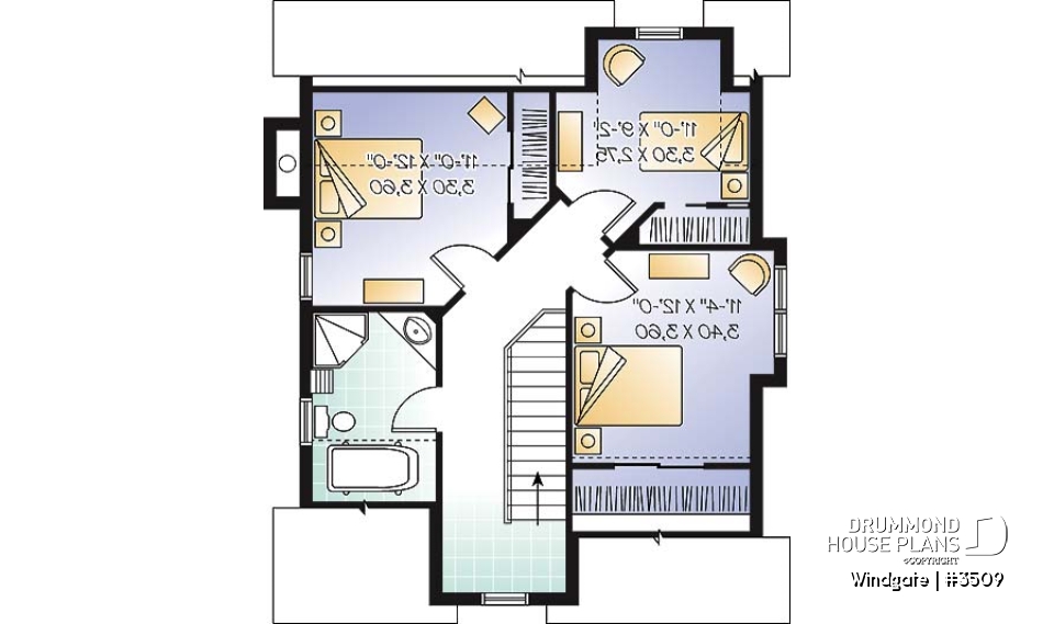2nd level - Affordable country house plan, 3 bedrooms, open space, fireplace, panoramic view - Windgate