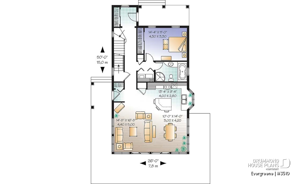1st level - Scandinavian style country cottage plan, master on main, open floor plan, panoramic view, large kitchen - Evergreene