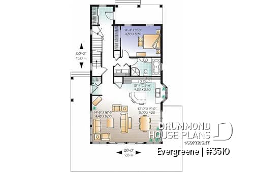1st level - Scandinavian style country cottage plan, master on main, open floor plan, panoramic view, large kitchen - Evergreene
