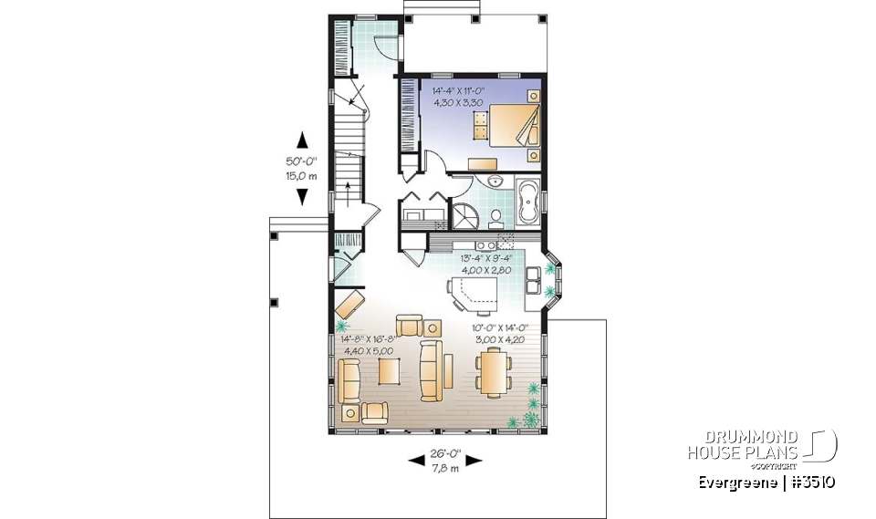 1st level - Scandinavian style country cottage plan, master on main, open floor plan, panoramic view, large kitchen - Evergreene