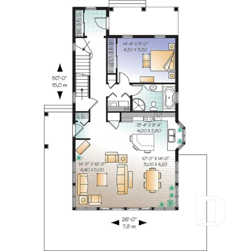 1st level - Scandinavian style country cottage plan, master on main, open floor plan, panoramic view, large kitchen - Evergreene