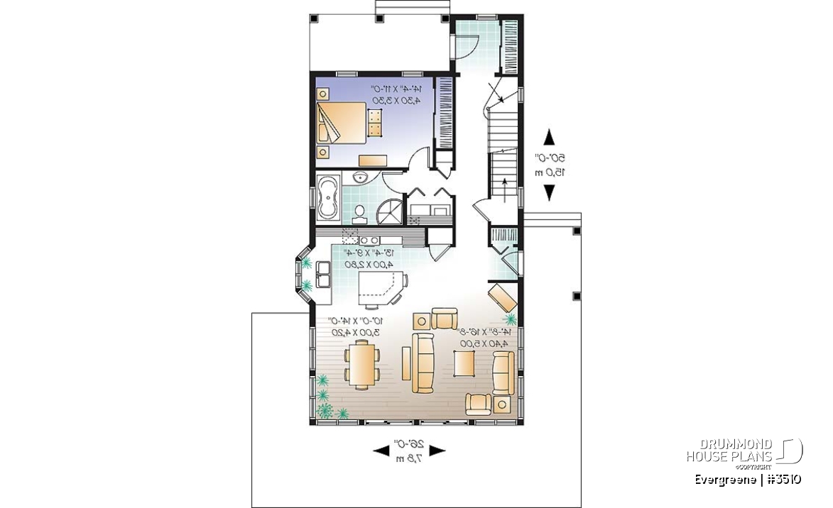 1st level - Scandinavian style country cottage plan, master on main, open floor plan, panoramic view, large kitchen - Evergreene