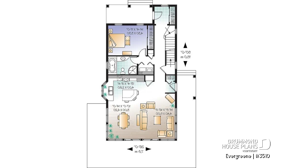 1st level - Scandinavian style country cottage plan, master on main, open floor plan, panoramic view, large kitchen - Evergreene