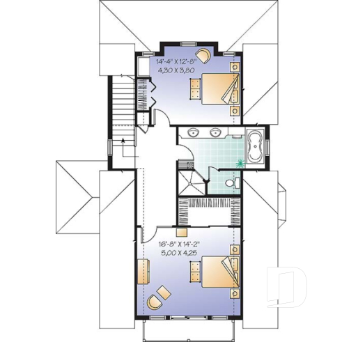 2nd level - Scandinavian style country cottage plan, master on main, open floor plan, panoramic view, large kitchen - Evergreene