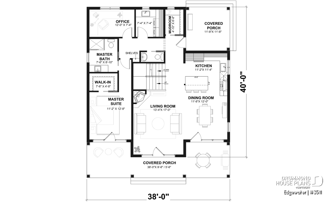 1st level - 4 season Chalet or lakefront home plan with two fireplaces, 3 to 4 bedrooms, two family rooms, covered porch - Edgewater