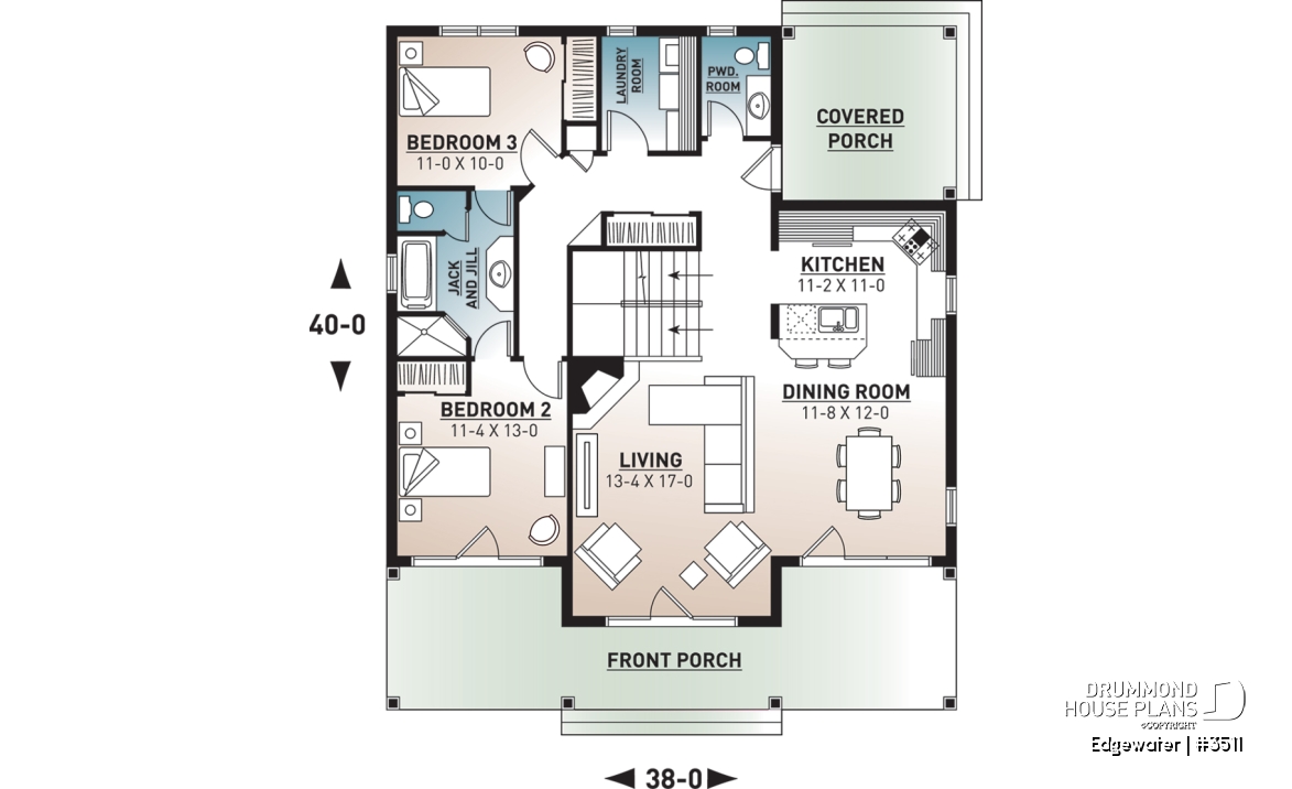 1st level - 4 season Chalet or lakefront home plan with two fireplaces, 3 to 4 bedrooms, two family rooms, covered porch - Edgewater
