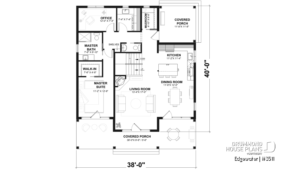 1st level - 4 season Chalet or lakefront home plan with two fireplaces, 3 to 4 bedrooms, two family rooms, covered porch - Edgewater