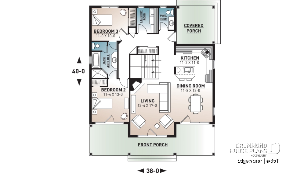 1st level - 4 season Chalet or lakefront home plan with two fireplaces, 3 to 4 bedrooms, two family rooms, covered porch - Edgewater