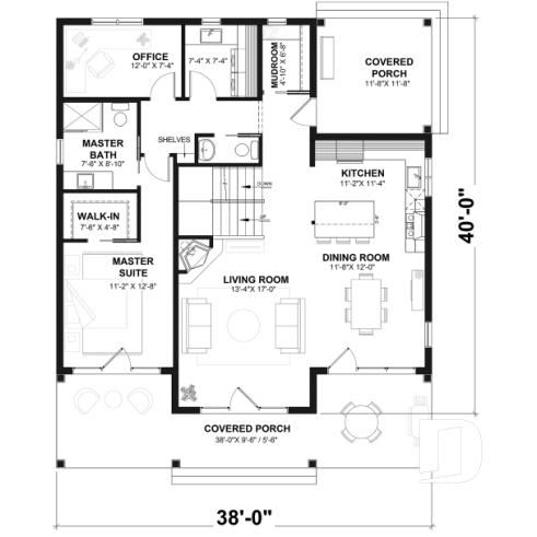 1st level - 4 season Chalet or lakefront home plan with two fireplaces, 3 to 4 bedrooms, two family rooms, covered porch - Edgewater