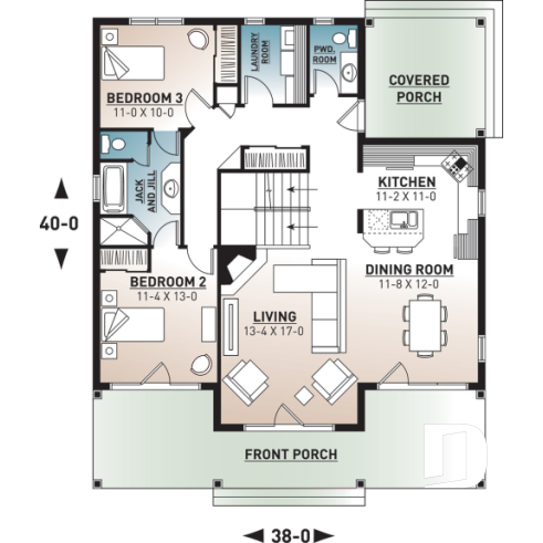 1st level - 4 season Chalet or lakefront home plan with two fireplaces, 3 to 4 bedrooms, two family rooms, covered porch - Edgewater