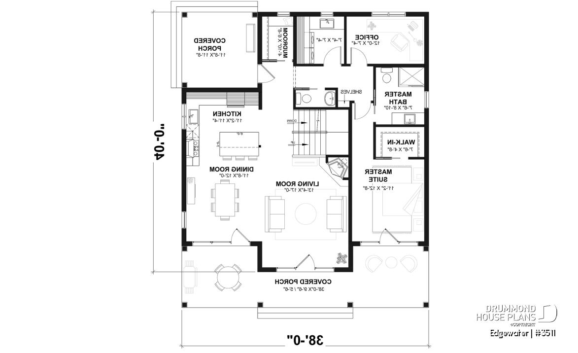 1st level - 4 season Chalet or lakefront home plan with two fireplaces, 3 to 4 bedrooms, two family rooms, covered porch - Edgewater