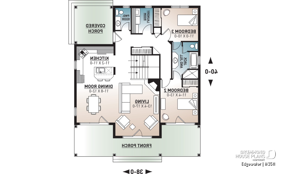 1st level - 4 season Chalet or lakefront home plan with two fireplaces, 3 to 4 bedrooms, two family rooms, covered porch - Edgewater