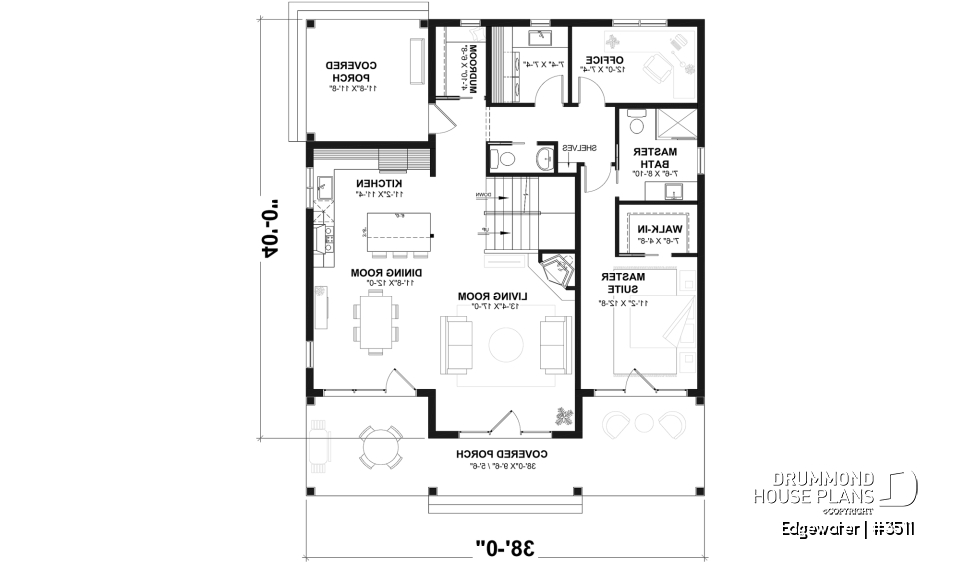 1st level - 4 season Chalet or lakefront home plan with two fireplaces, 3 to 4 bedrooms, two family rooms, covered porch - Edgewater