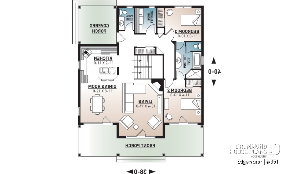 1st level - 4 season Chalet or lakefront home plan with two fireplaces, 3 to 4 bedrooms, two family rooms, covered porch - Edgewater