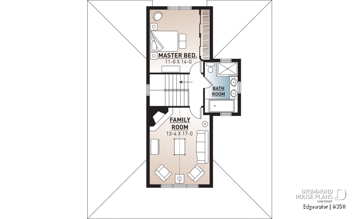 2nd level - 4 season Chalet or lakefront home plan with two fireplaces, 3 to 4 bedrooms, two family rooms, covered porch - Edgewater