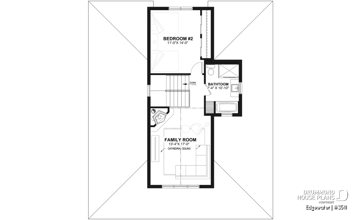 2nd level - 4 season Chalet or lakefront home plan with two fireplaces, 3 to 4 bedrooms, two family rooms, covered porch - Edgewater
