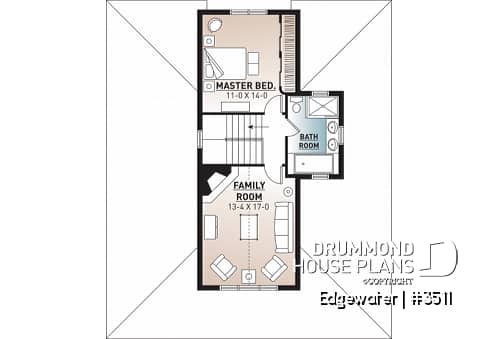 2nd level - 4 season Chalet or lakefront home plan with two fireplaces, 3 to 4 bedrooms, two family rooms, covered porch - Edgewater