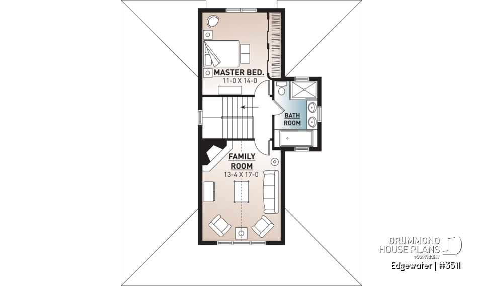 2nd level - 4 season Chalet or lakefront home plan with two fireplaces, 3 to 4 bedrooms, two family rooms, covered porch - Edgewater