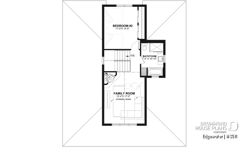 2nd level - 4 season Chalet or lakefront home plan with two fireplaces, 3 to 4 bedrooms, two family rooms, covered porch - Edgewater