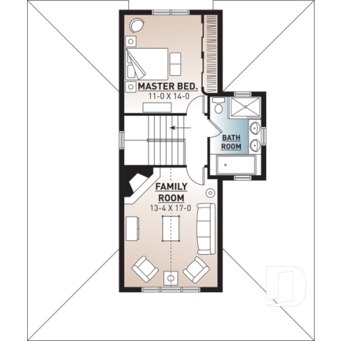 2nd level - 4 season Chalet or lakefront home plan with two fireplaces, 3 to 4 bedrooms, two family rooms, covered porch - Edgewater