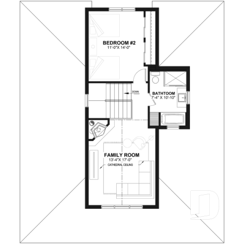 2nd level - 4 season Chalet or lakefront home plan with two fireplaces, 3 to 4 bedrooms, two family rooms, covered porch - Edgewater