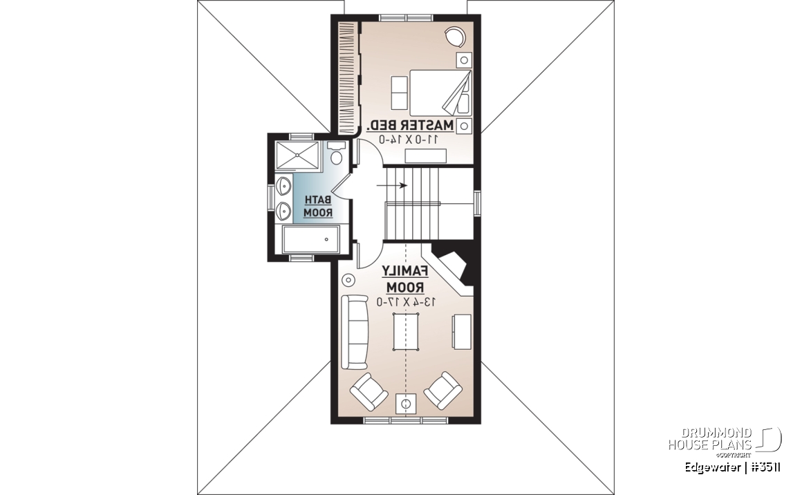 2nd level - 4 season Chalet or lakefront home plan with two fireplaces, 3 to 4 bedrooms, two family rooms, covered porch - Edgewater