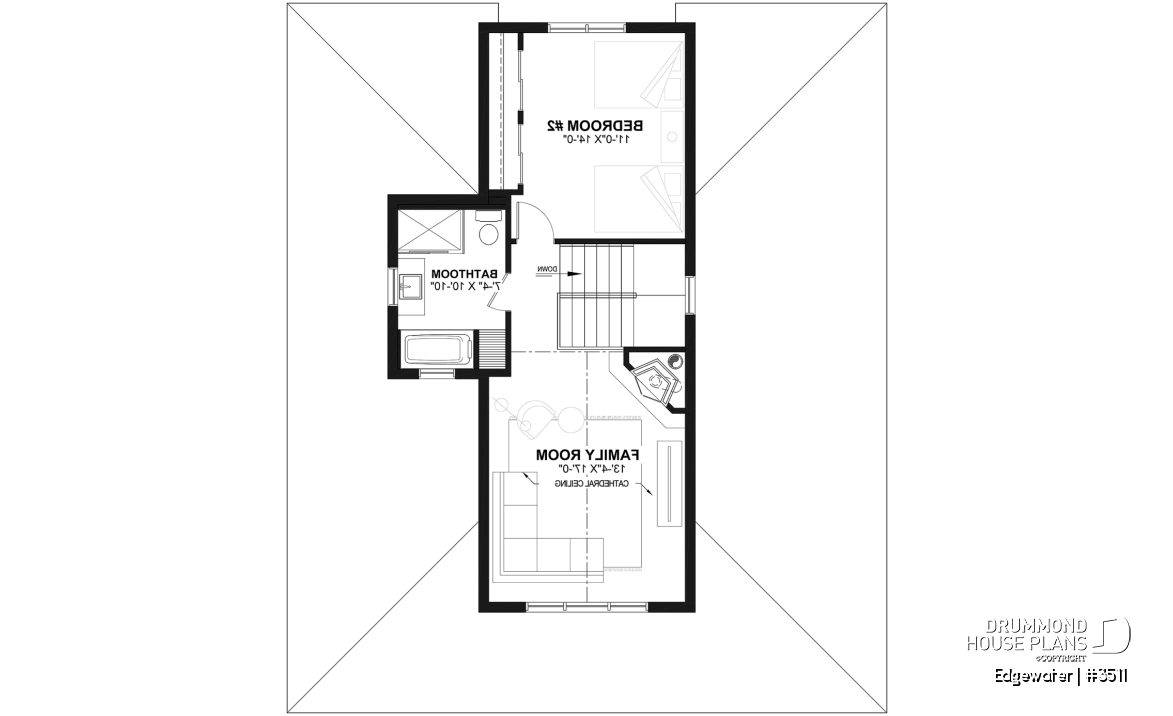 2nd level - 4 season Chalet or lakefront home plan with two fireplaces, 3 to 4 bedrooms, two family rooms, covered porch - Edgewater