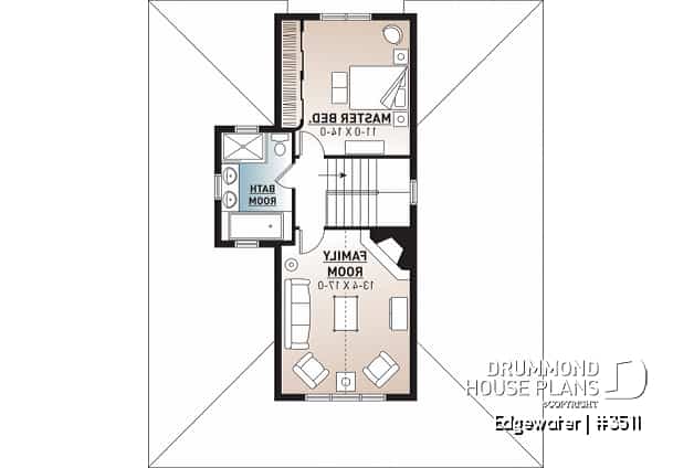 2nd level - 4 season Chalet or lakefront home plan with two fireplaces, 3 to 4 bedrooms, two family rooms, covered porch - Edgewater