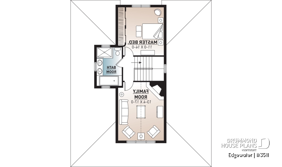 2nd level - 4 season Chalet or lakefront home plan with two fireplaces, 3 to 4 bedrooms, two family rooms, covered porch - Edgewater