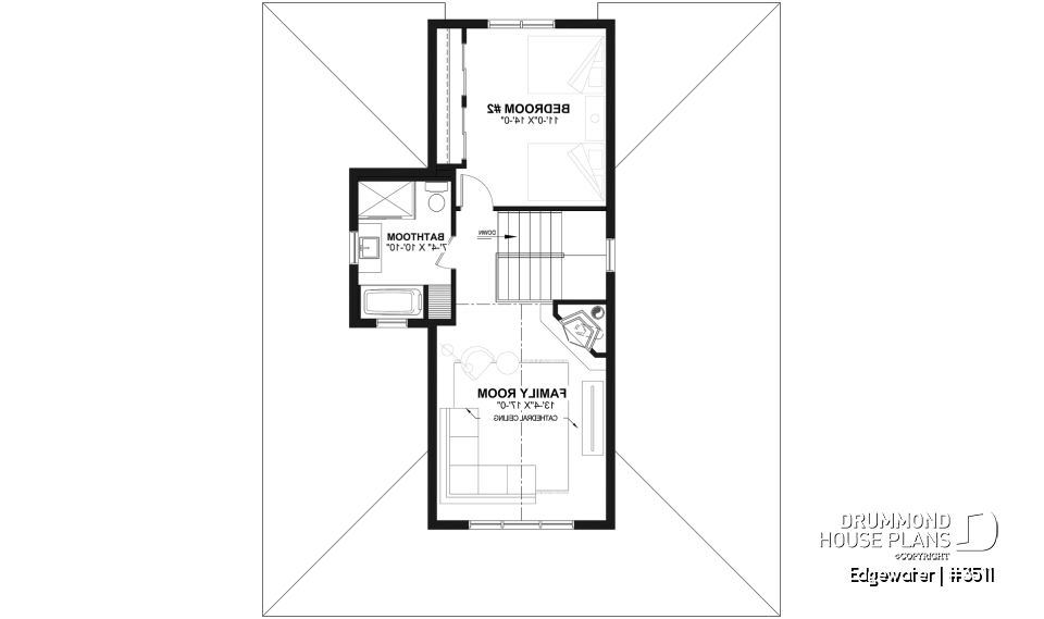 2nd level - 4 season Chalet or lakefront home plan with two fireplaces, 3 to 4 bedrooms, two family rooms, covered porch - Edgewater