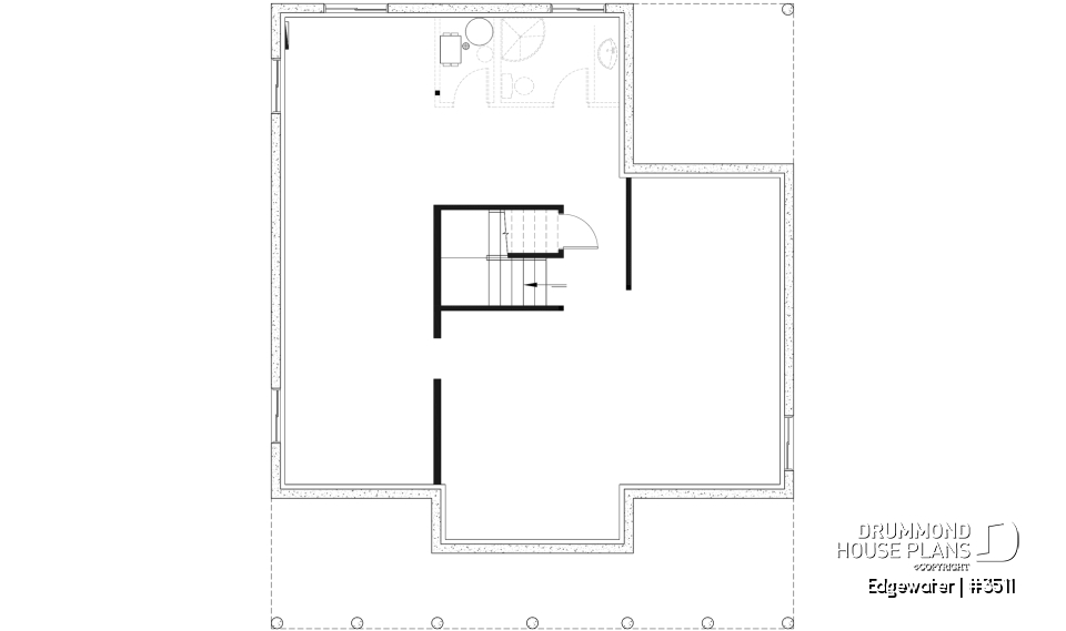 Unfinished basement - 4 season Chalet or lakefront home plan with two fireplaces, 3 to 4 bedrooms, two family rooms, covered porch - Edgewater