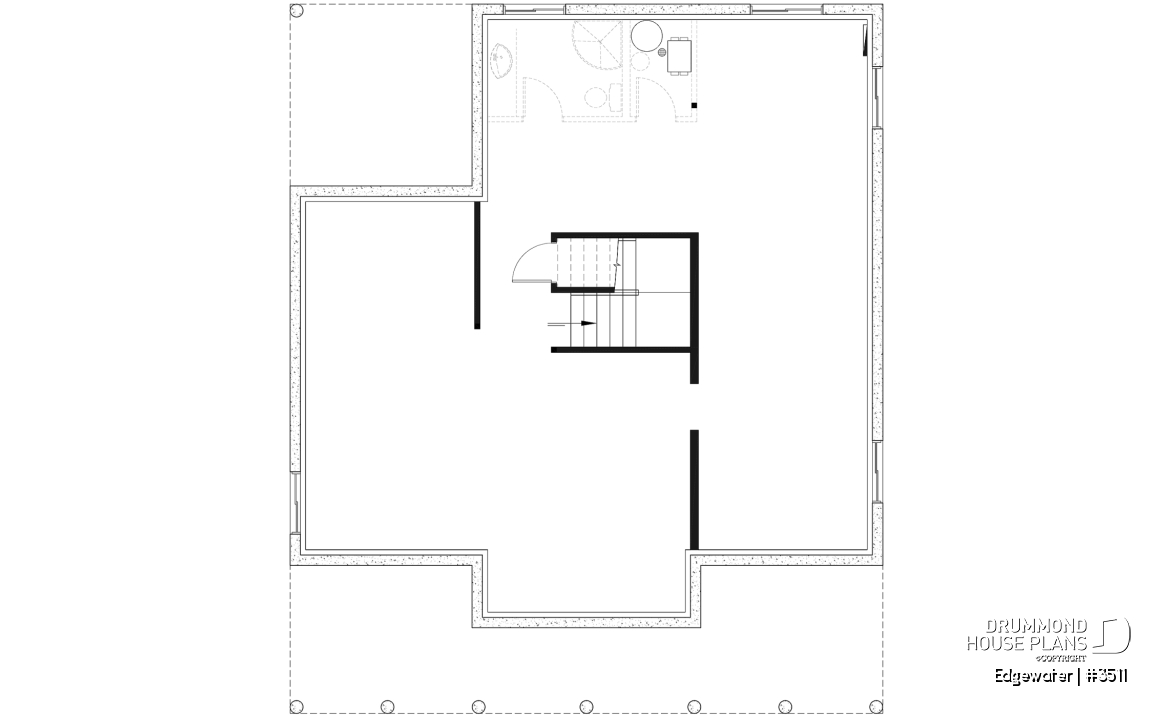 Unfinished basement - 4 season Chalet or lakefront home plan with two fireplaces, 3 to 4 bedrooms, two family rooms, covered porch - Edgewater