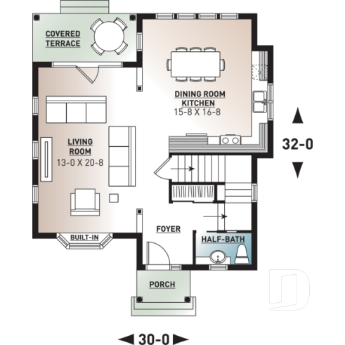 1st level - Affordable 2 storey scandinavian inspired house plan, affordable, 3 bedroom traditional design with terrace - Hazel