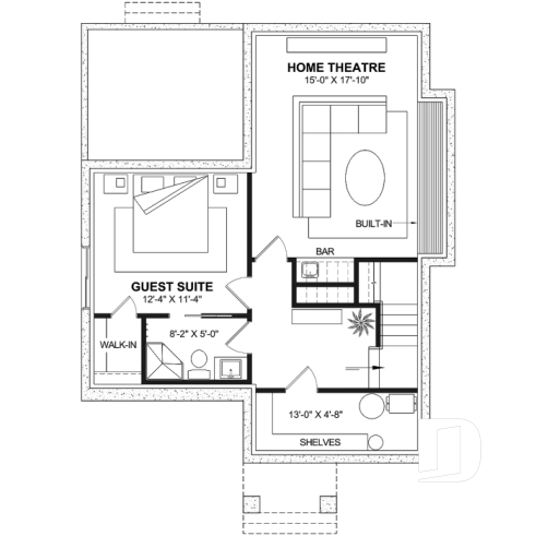 Finished basement (Optional $) - Charming story book cottage plan w/ 3 to 4 bedrooms, 3.5 baths, fireplace, sheltered terrace and home theater. - Hazel 2