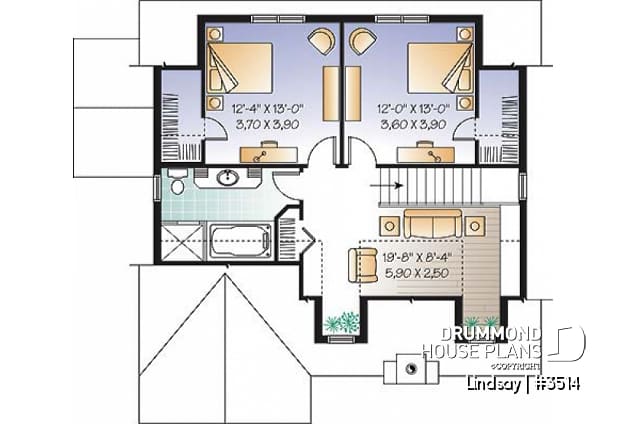 2nd level - Farmhouse Modern Cottage stye house plan offering lots of natura light, 3 to 4 bedrooms, pantry, fireplace - Jordan