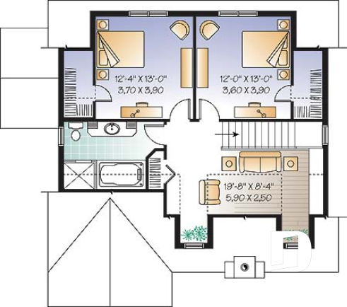 2nd level - Farmhouse Modern Cottage stye house plan offering lots of natura light, 3 to 4 bedrooms, pantry, fireplace - Jordan