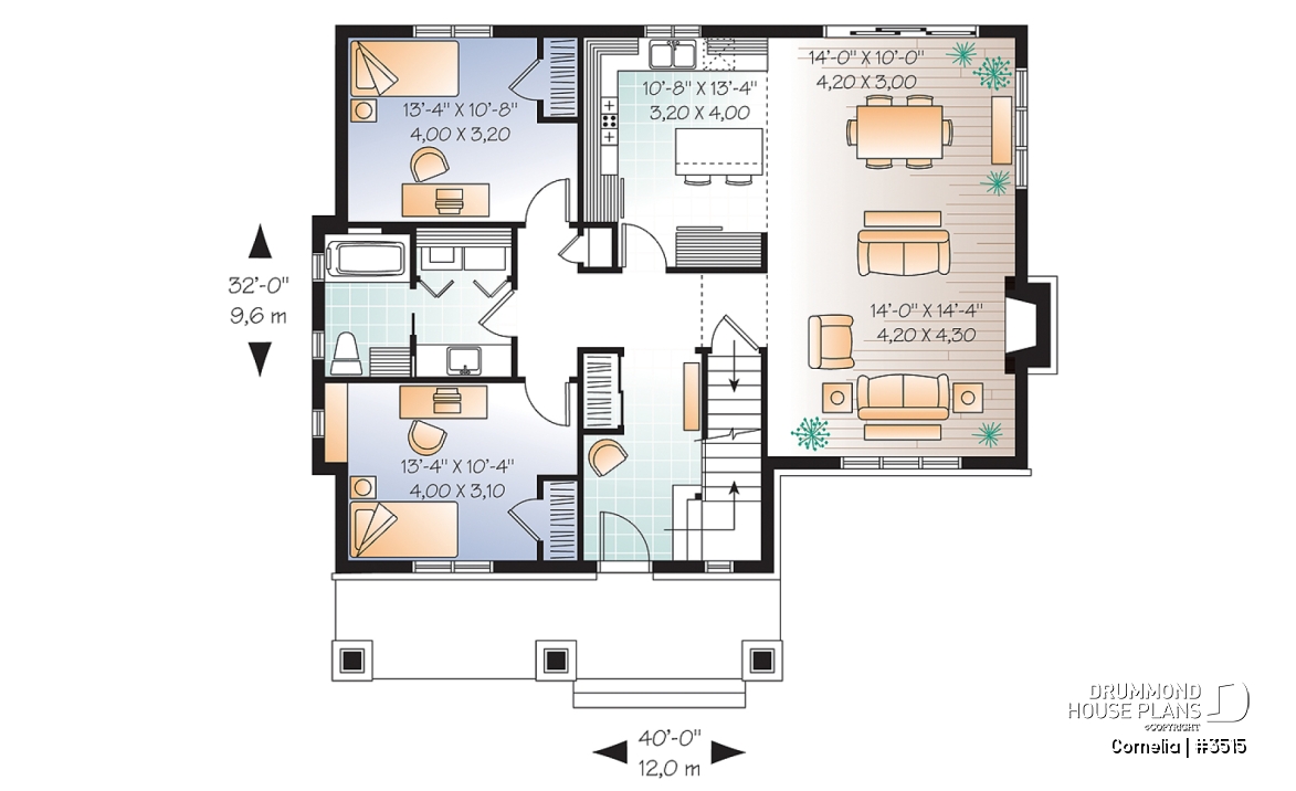 1st level - House plan with cathedral ceiling, master bed with ensuite, open kitchen / dining / family floor plan concept - Cornelia
