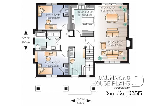 1st level - House plan with cathedral ceiling, master bed with ensuite, open kitchen / dining / family floor plan concept - Cornelia