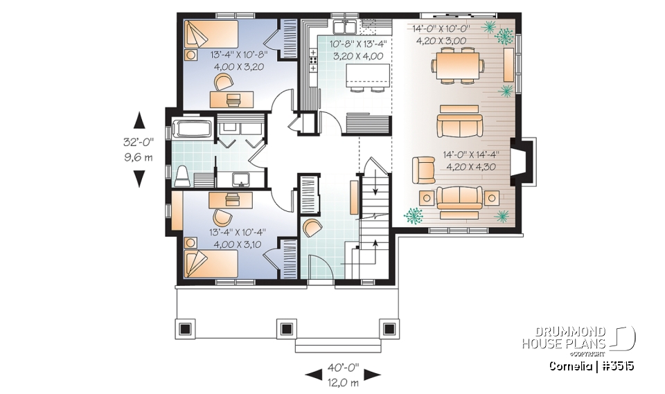 1st level - House plan with cathedral ceiling, master bed with ensuite, open kitchen / dining / family floor plan concept - Cornelia