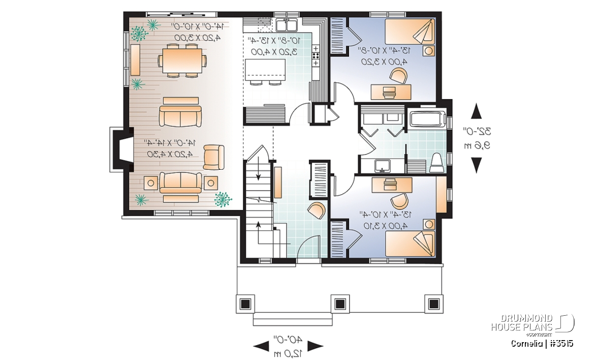 1st level - House plan with cathedral ceiling, master bed with ensuite, open kitchen / dining / family floor plan concept - Cornelia