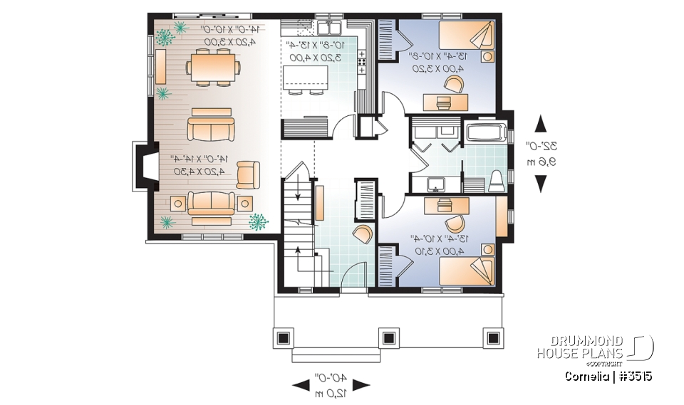 1st level - House plan with cathedral ceiling, master bed with ensuite, open kitchen / dining / family floor plan concept - Cornelia