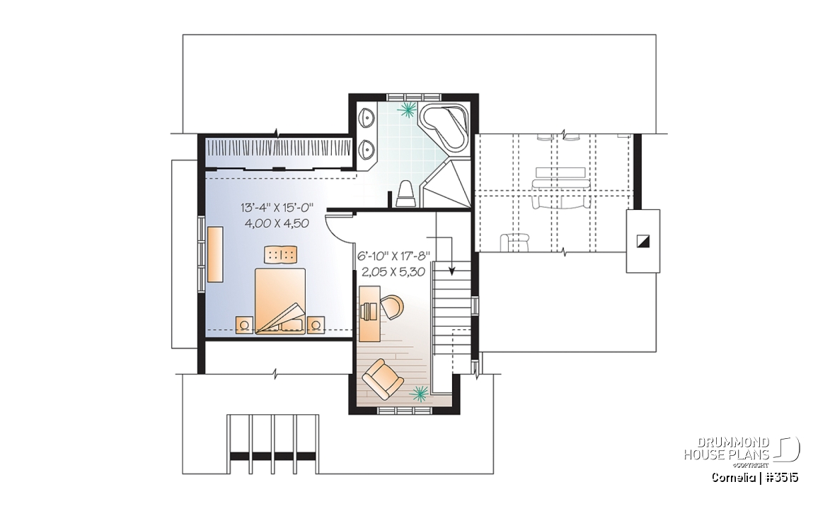 2nd level - House plan with cathedral ceiling, master bed with ensuite, open kitchen / dining / family floor plan concept - Cornelia