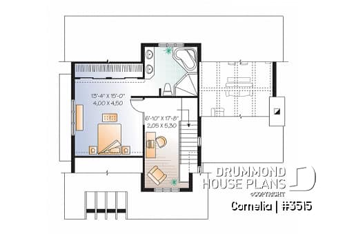 2nd level - House plan with cathedral ceiling, master bed with ensuite, open kitchen / dining / family floor plan concept - Cornelia