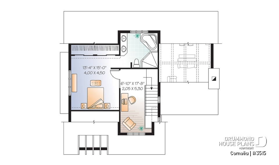 2nd level - House plan with cathedral ceiling, master bed with ensuite, open kitchen / dining / family floor plan concept - Cornelia