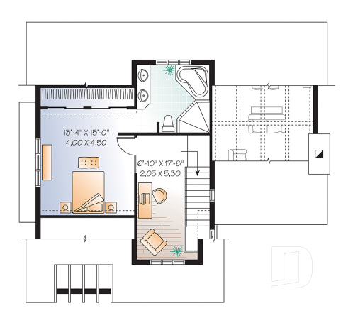 2nd level - House plan with cathedral ceiling, master bed with ensuite, open kitchen / dining / family floor plan concept - Cornelia