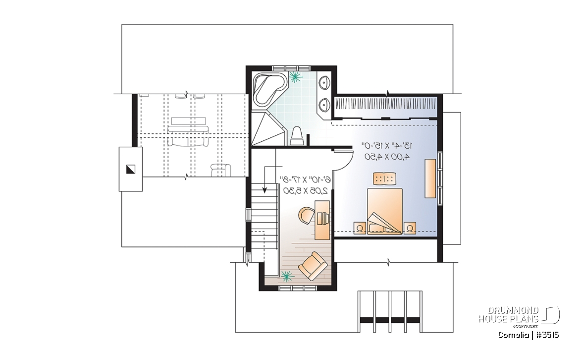 2nd level - House plan with cathedral ceiling, master bed with ensuite, open kitchen / dining / family floor plan concept - Cornelia