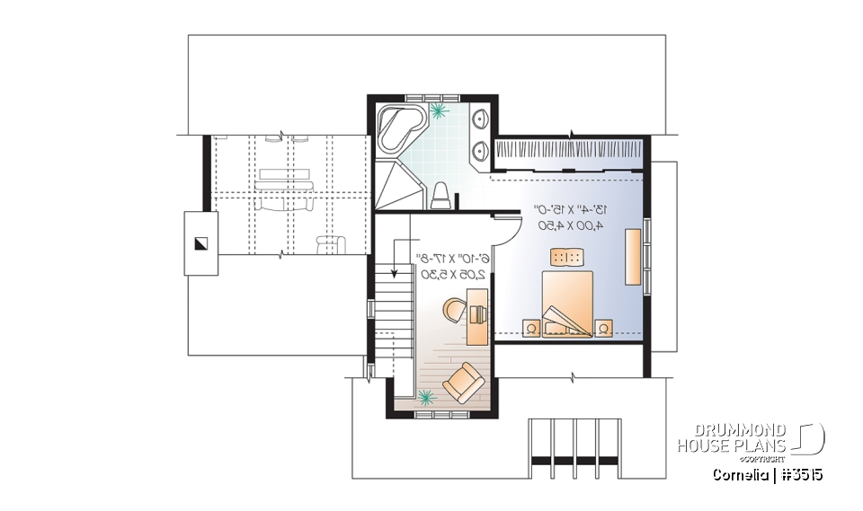 2nd level - House plan with cathedral ceiling, master bed with ensuite, open kitchen / dining / family floor plan concept - Cornelia